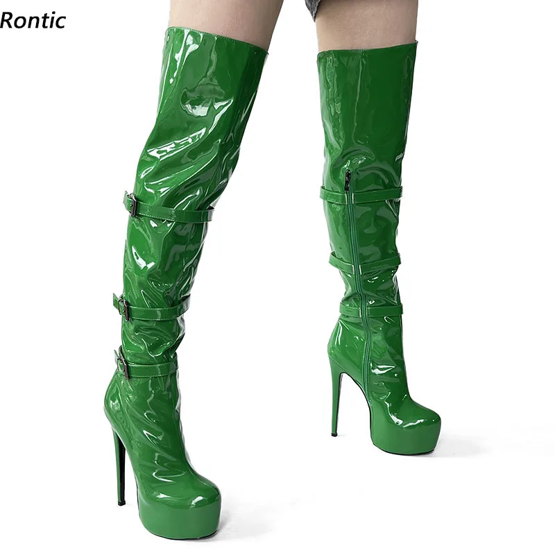 

Rontic/женские зимние сапоги выше колена с пряжкой и скрытой платформой, унисекс, туфли на шпильке с круглым носком, зеленые вечерние туфли, размер США 5-20