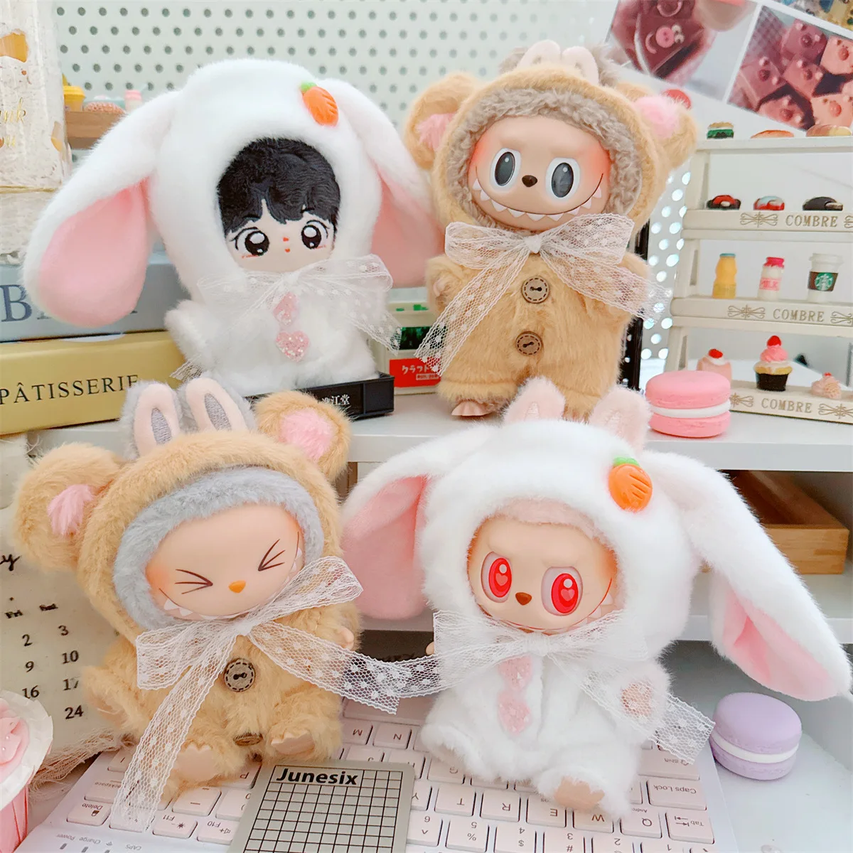 10cm Kawaii Idol Doll Cartoon Soft Fluffy White Bunny Outfit 2Pcs Set DIY Dress-Up Plush Doll Clothing for Game Play And Gifts