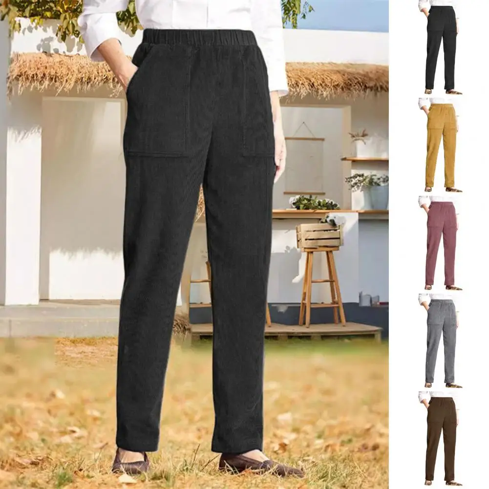 Corduroy Casual Pants Elastic Waist Women Long Pants With Pockets Solid Color Straight Leg Commuting Office Travel Slacks