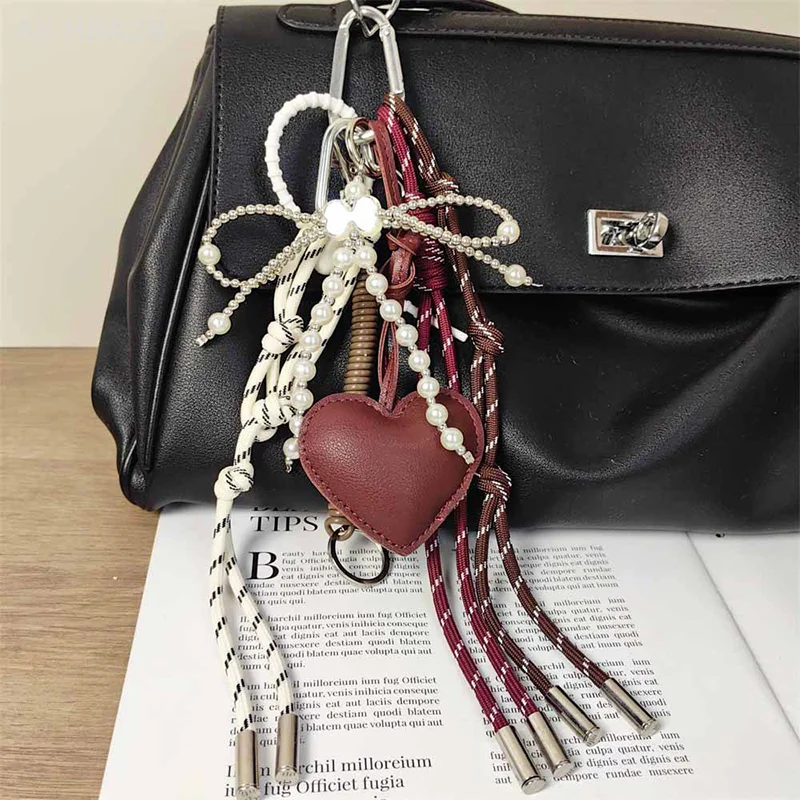 Vintage Wine Red Leather Heart Charm Pearl Bow Keychain Y2K Handmade Woven Ropes Keyring Trendy Bag Pendant Decoration