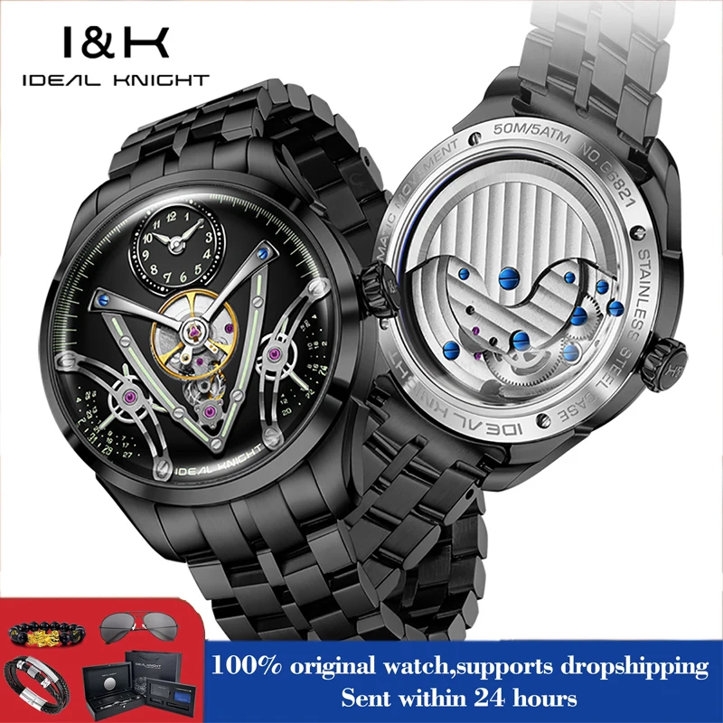 

IDEAL KNIGHT 6821 Watches For Man High Quality 50M Waterproof Tourbillon skeleton Mechanical Watch Stainless Steel Luxury Man