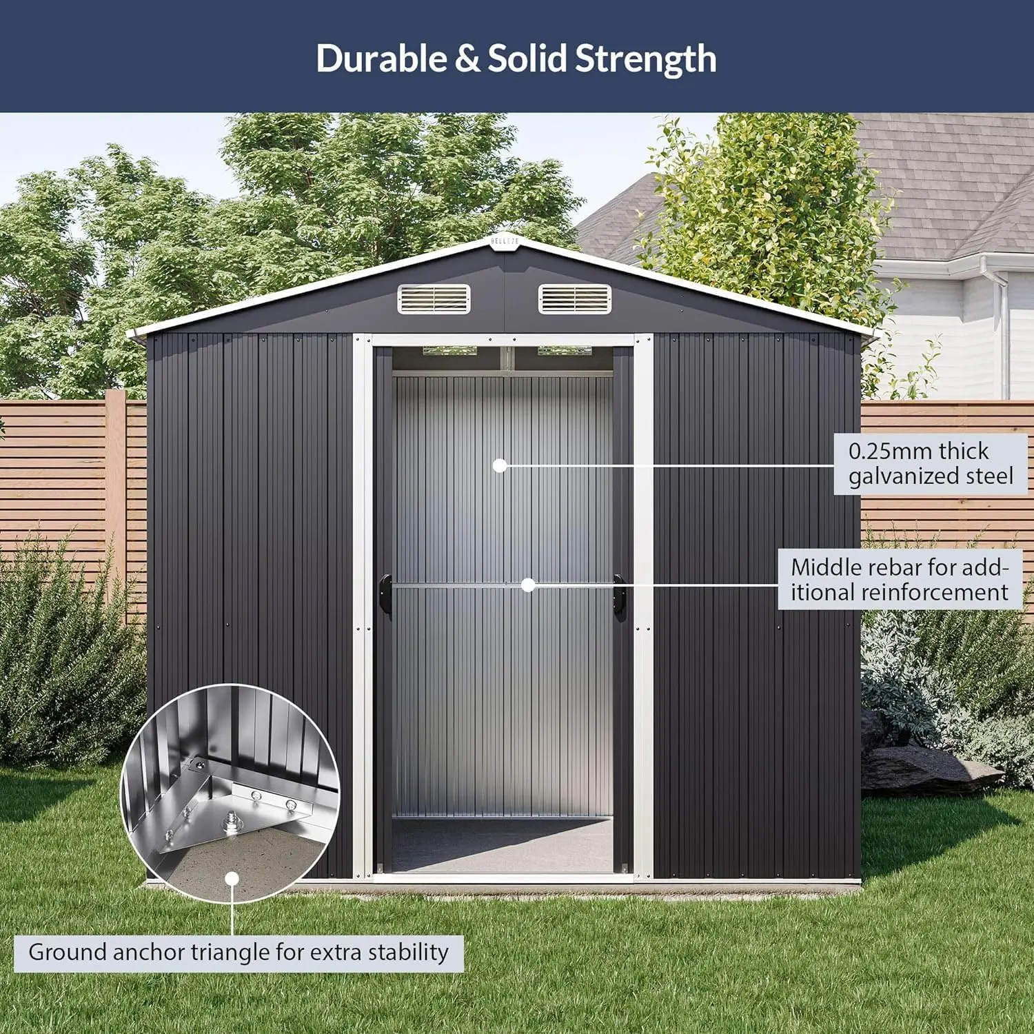 Belleze 8 X 6 Ft Outdoor Storage Shed, Weatherproof Reinforced Garden Patio Shed With Lockable Door, Air Vent, Metal Outside