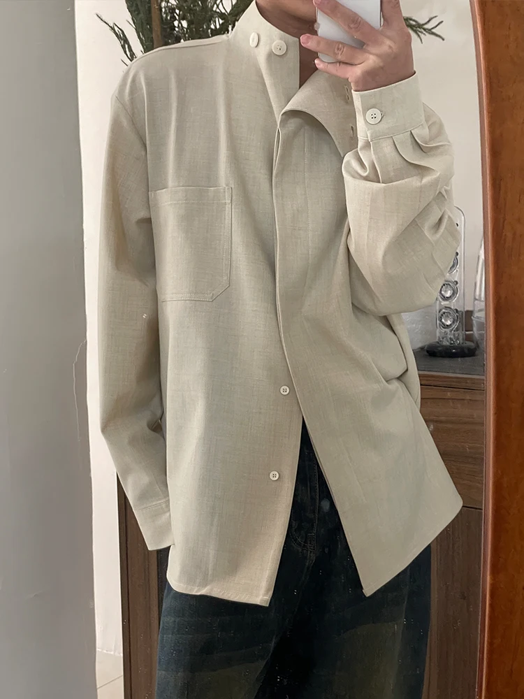 

BKYC Retro Design Button up Half High Collar Loose Casual Unisex Minimalist Top New Style Long Sleeve Spring Youth Fashion