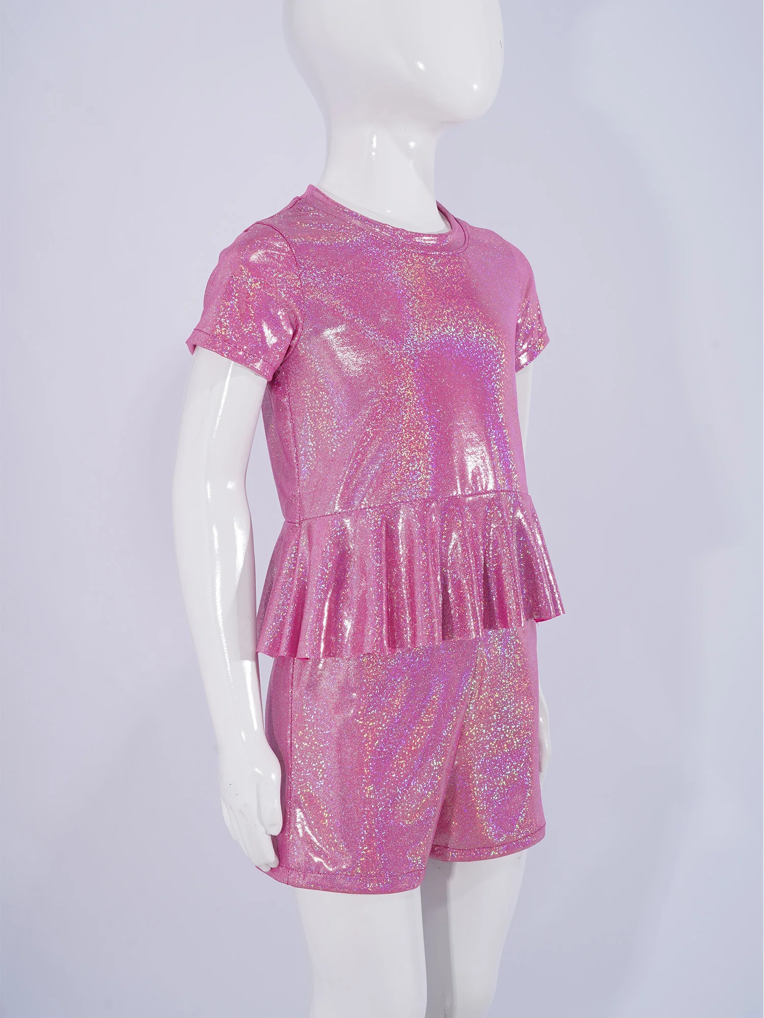 Children's Dance Outfit Short Sleeve Peplum Top + Shorts Suits Clothes Sets Kids Girls 2pcs Metallic Disco Cheerleading Costume