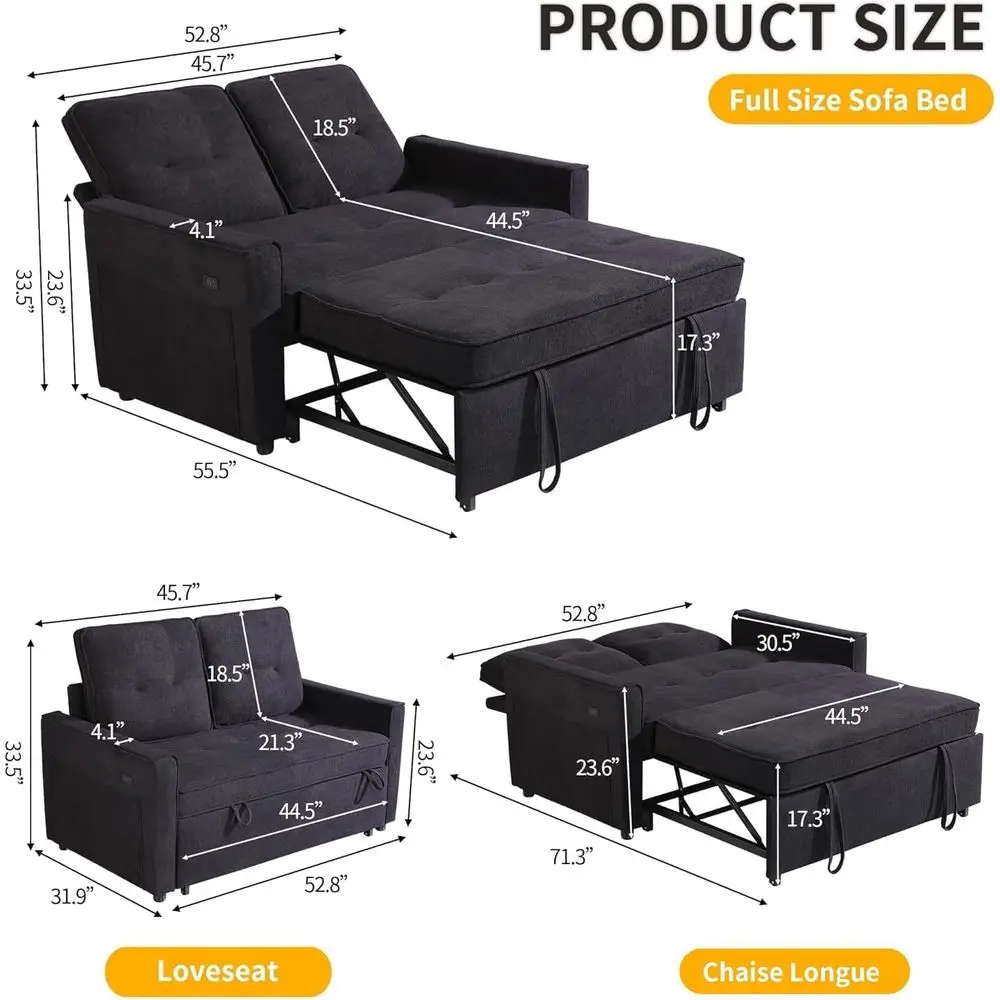 3 in 1 Convertile Soa ed, 53ern Loveat Sleeper Soa with USPort & Storakets, Pull Out Couch with Reclining ackrest, uton ed or Sm