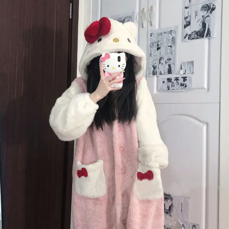 Sanrio Kitty Strawberry Bear Sullivan Melody Plush Home Clothes Women Pajama Robes Hooded Cute Soft Fuzzy Nightdress