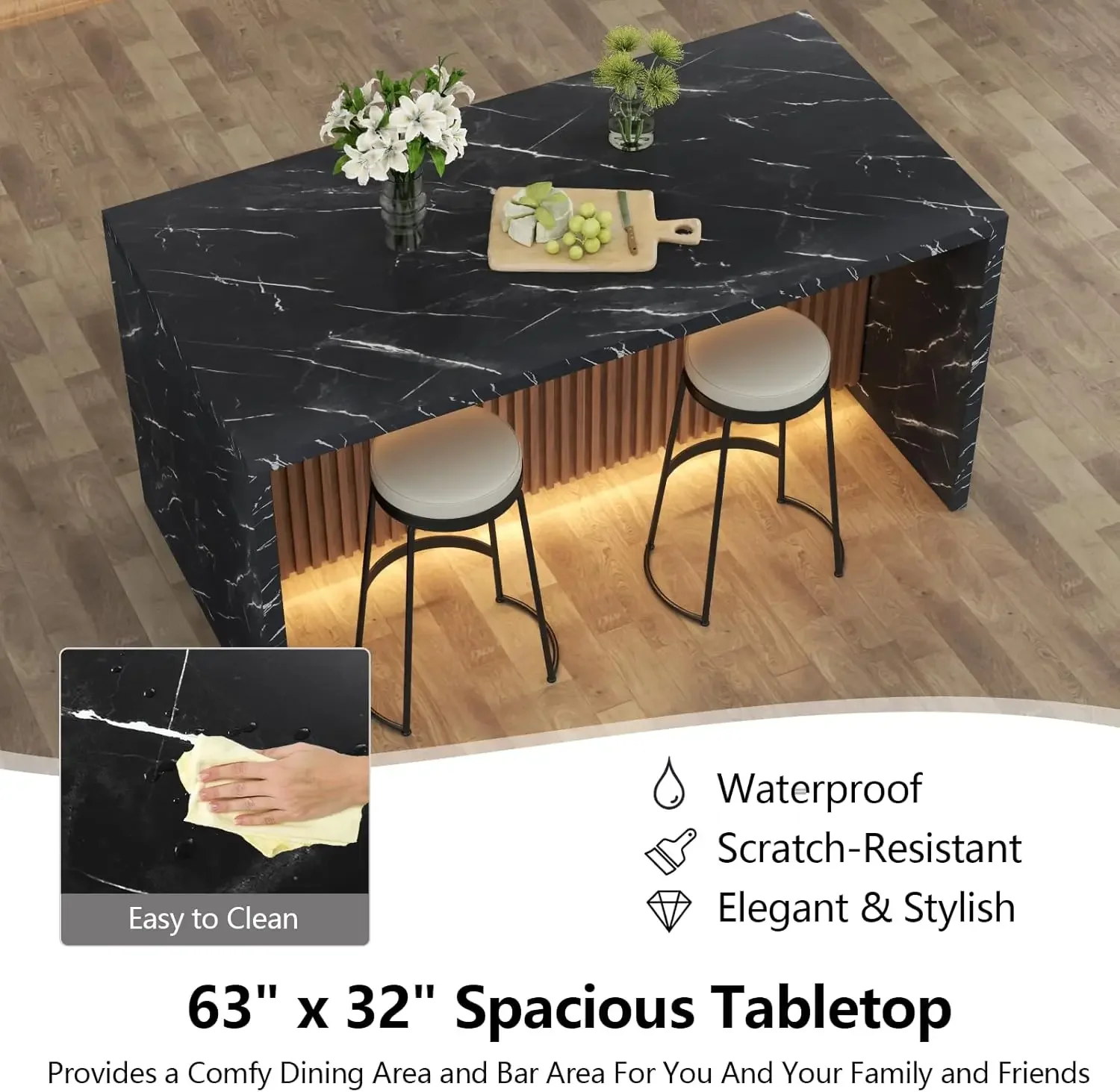 [Spedizione gratuita, offerta calda! ] Tavolo da pranzo grande in finto marmo da 63" per 4-6 persone, tavolo da isola con luci a LED, marmo moderno S