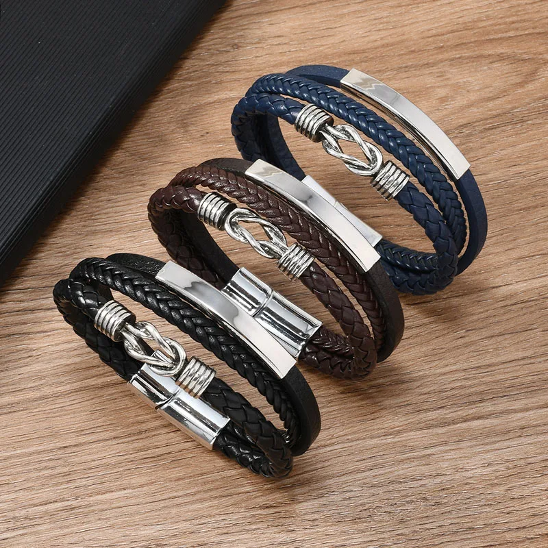Handmade Punk Leather Bracelet for Men Infinite Symbol Charm Layered Cuff Bracelets Male Wristband Leather Hand Jewelry Gifts