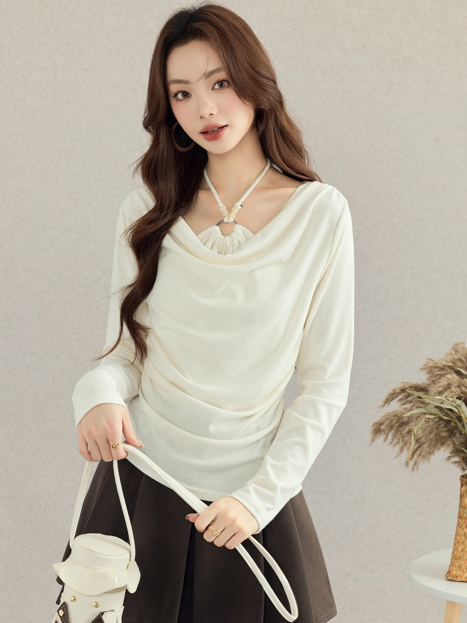 

Pure Desire Aosphere Long Sve Women's T-irt Ne Hanging Waist Inward Design Autumn Winter Base irt Top Casual Sle