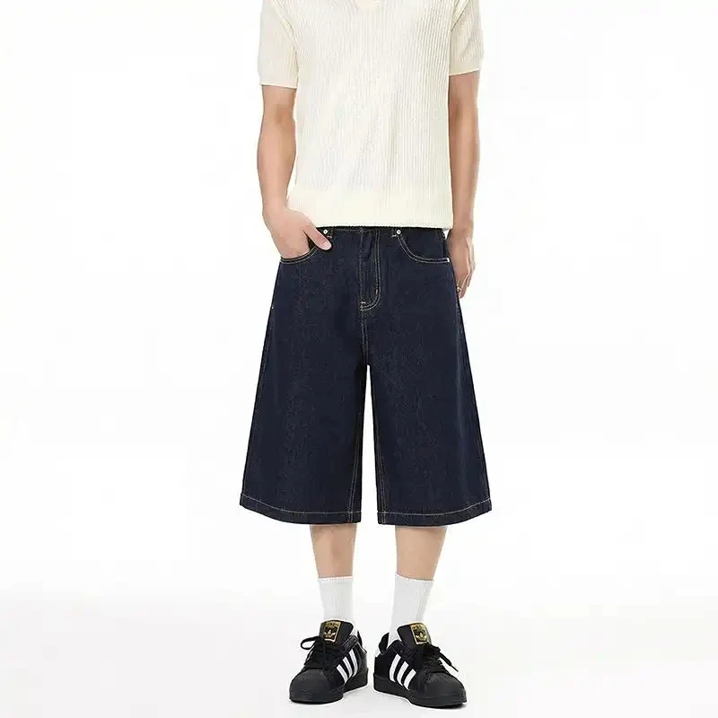 2026 Summer American Retro Denim Capri Pants For Men Women Multi-Pocket Design Raw Denim Color Loose Stylish Casual Shorts Knee