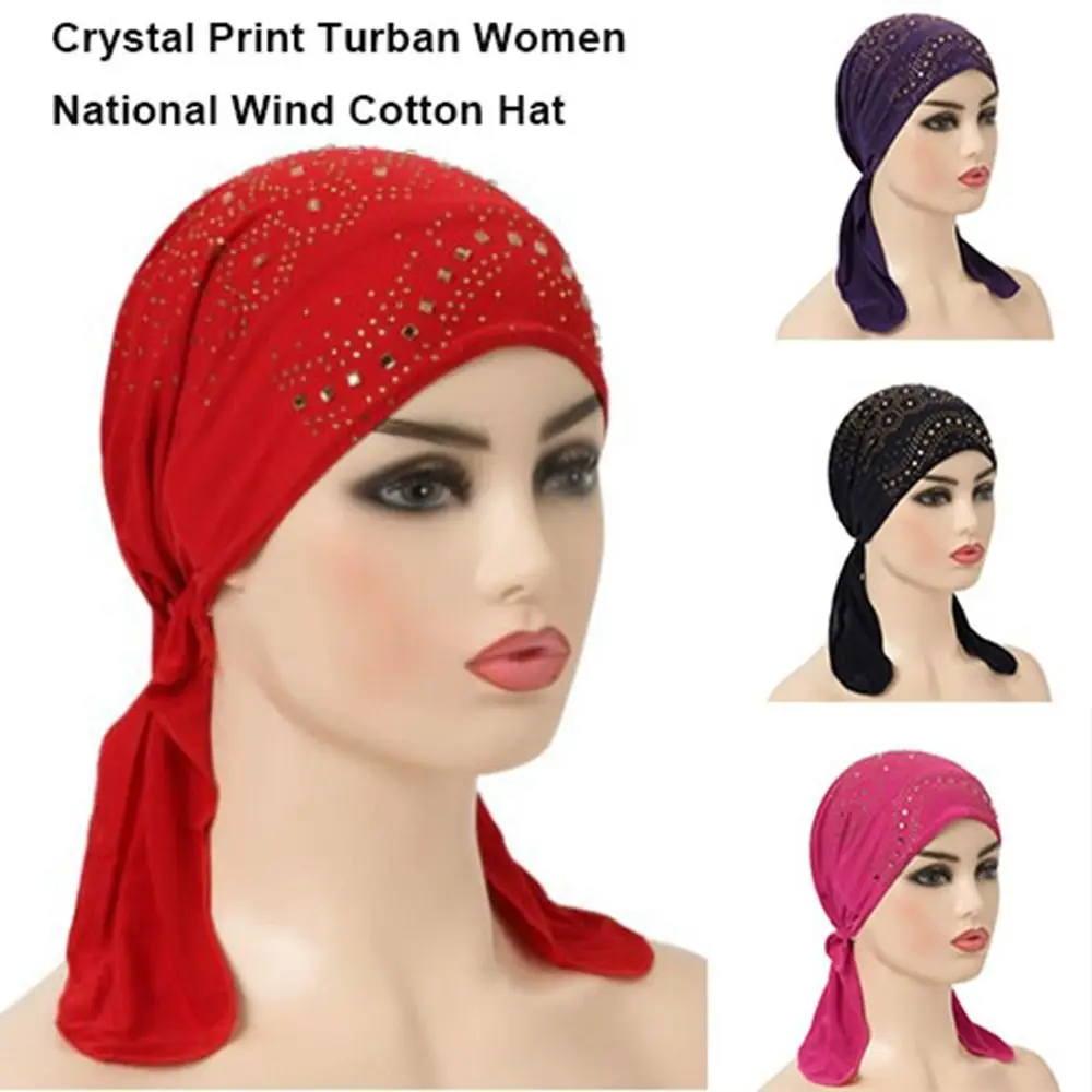 

High Quality Bohemia Crystal Print Turban with Many Stones Spring Chemotherapy Hat Casual Pull on Headwrap Women National