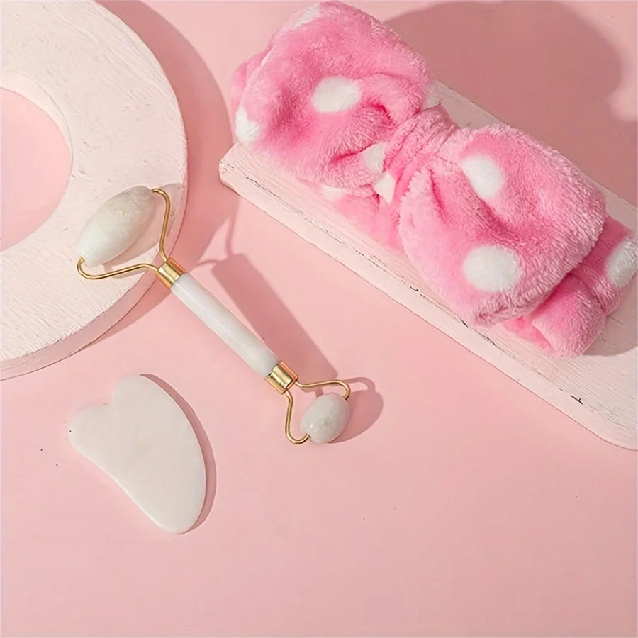Conjunto de ferramentas de beleza de 3 peças com caixa de presente Jade Roller Spa Headband e Gua Sha Board Girls Beauty Gift