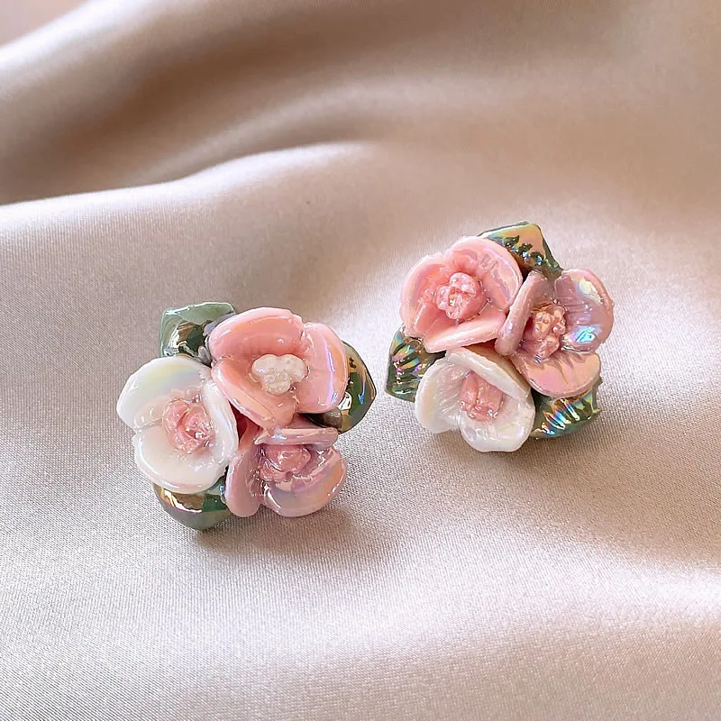 Korean Fashion Pink Sweet Flower Stud Earring for Women Exquisite Ceramic Flower Earrings Girls Trendy Party Jewelry