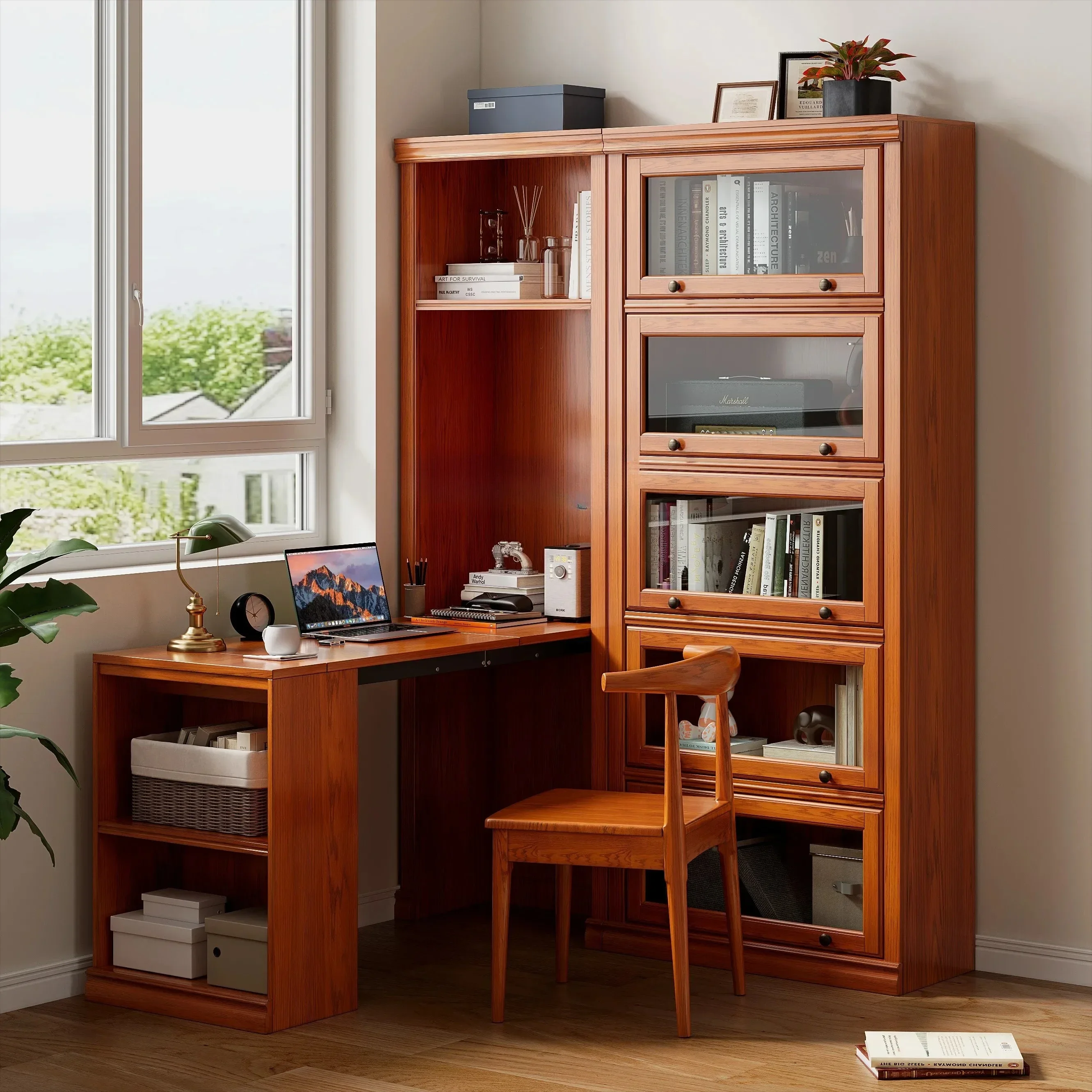 Folding Desk Corner Bookcase Integrated American Solid Wood Study Home Bookshelf Computer Desk