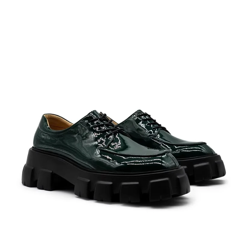 

Dark Green Patent Leather Platform Shoes Men Genuine Leather Thick Bottom Derby Shoes British-style Casual Business Shoes