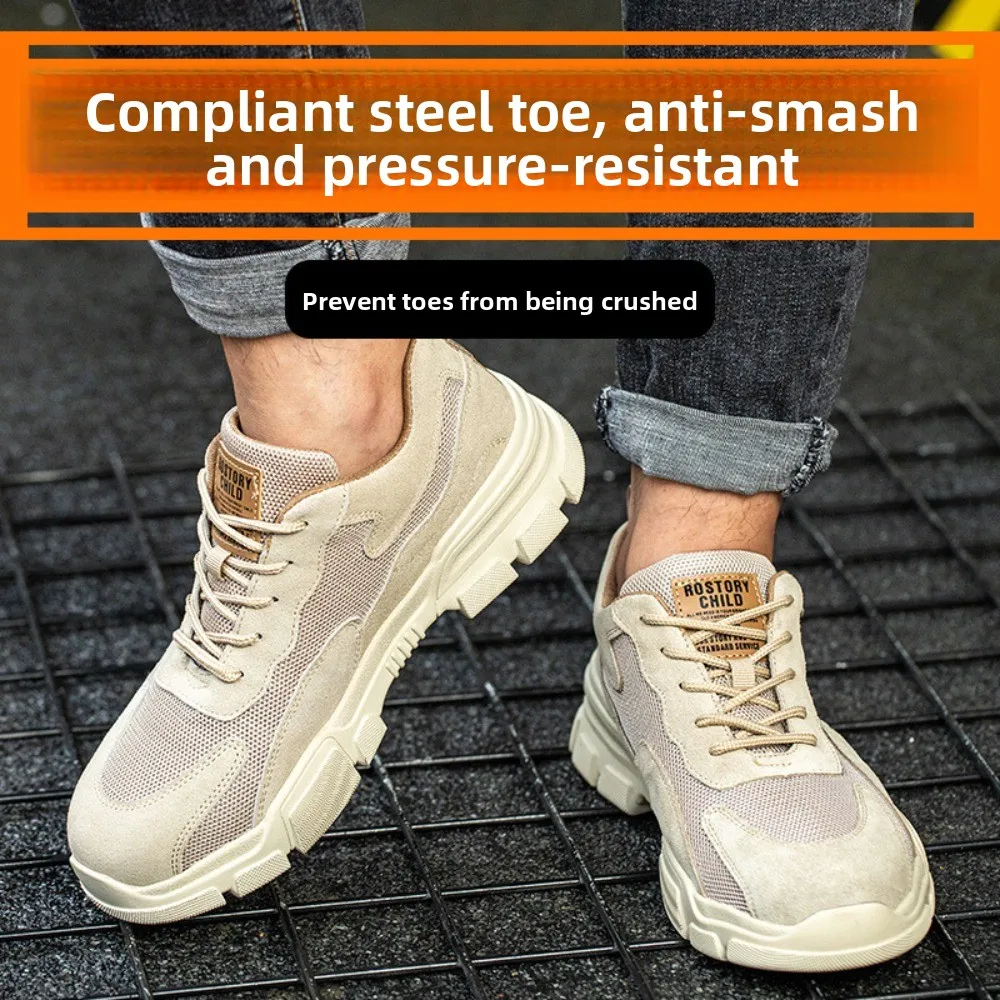 Men Summer Steel Toe Safety Shoes Anti Smash Puncture Proof Breathable Lightweight Rubber Sole Construction Work Boots