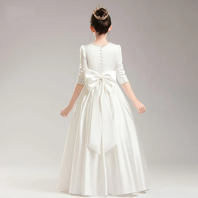 

Girls' Host Evening Dress Princess Dress White Mid-Sleeve Children's Birthday Flower Girl Little Girl Piano Performance Dress