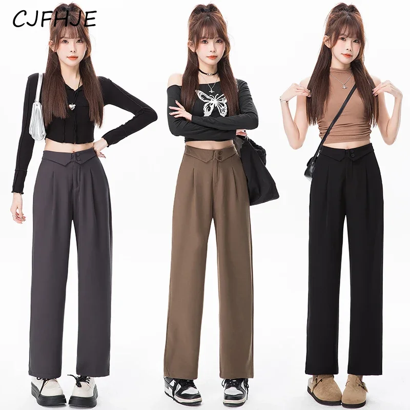 CJFHJE Lente Koreaanse Mode Omgedraaid Casual vrouwen Pak Broek Nieuwe Effen Kleur Veelzijdige Rechte Pijpen Vrouwen Losse Wijde Pijpen broek