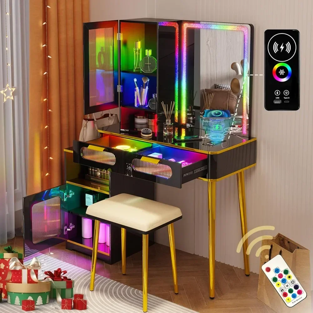

Vanity Makeup Desk with RGB Lights and Drawers, RGB Makeup Desk with Charging Station & Sensor Mode for Bedroom Dressers