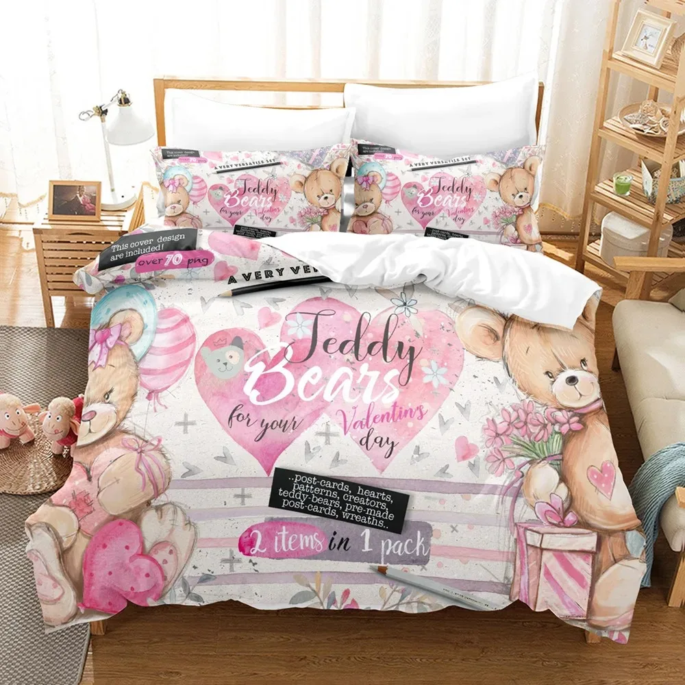 Zestaw pościeli Teddy bear Single Twin Full Queen King Size Plush bear Bed Set Aldult Kid Bedroom Duvetcover Sets 3D Print 011