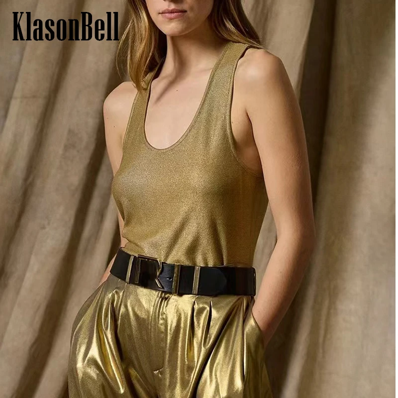 

6.14 KlasonBell Temperament Gold Color U-Neck Camisole For Women Thin Silk Blend Stretch Knitted Sleeveless Tank Top