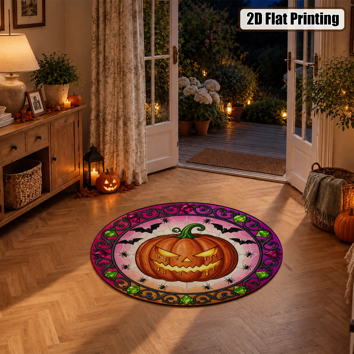 Spooky Halloween Jack-o'-lantern Bat Spider Pattern Velvet Round Rug, Machine Washable Soft Plush Area Rug for Living Room, Bedroom, Entryway, Dining Space, Ideal for Halloween, Thanksgiving, Christmas, New Year, Black Friday Home Decor