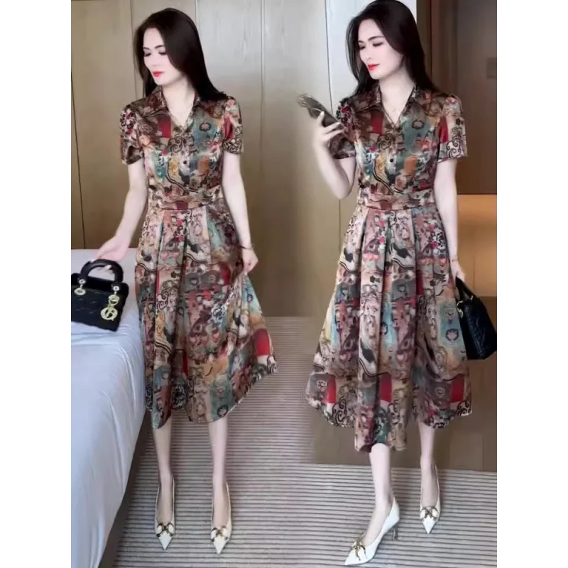 Elegant Graceful Satin Floral Dress Women2024Summer New High-Grade Waist-Controlled Lace-up Light Luxury Midi Dress