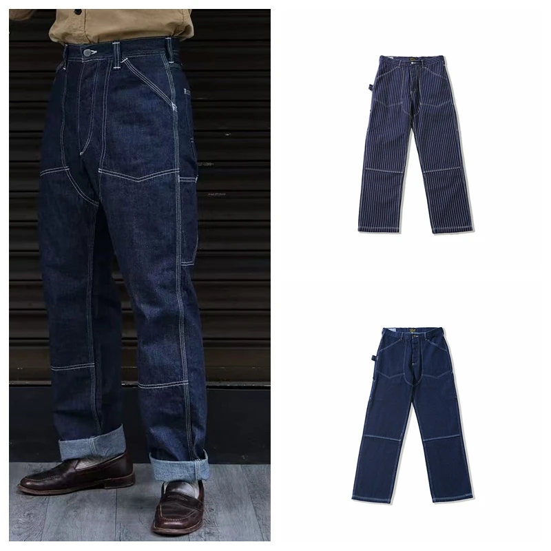 

Vintage Heavyweight Straight Leg Men's Jeans Multiple kets Wear Resistant Striped Workwear Trousers Casual High Waist