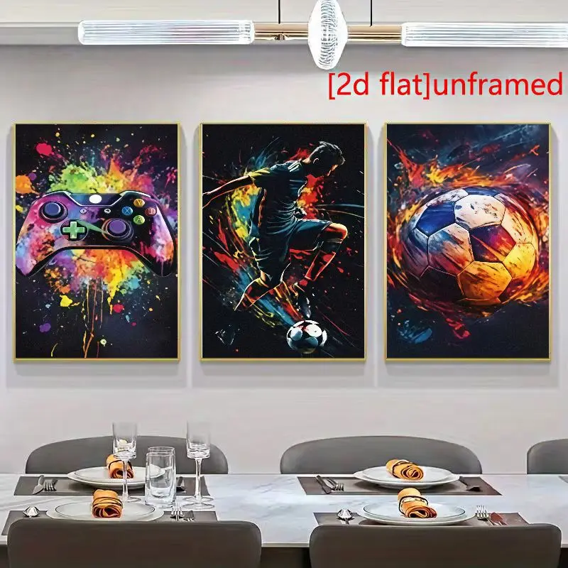 （NoFrame 3PCS)-2D Flat, 2D Flat, (2D FLAT) 3pcs Frameless Canvas Wall Art Prints, Vibrant Abstract Game Console And Soccer Ba