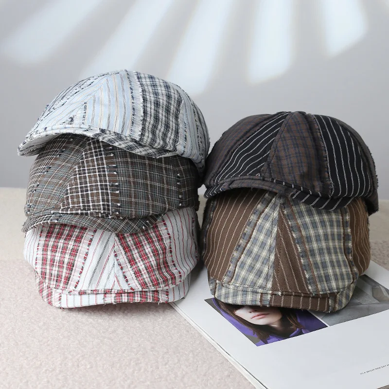 Fashionable Checked Beret Spring/Summer Duckbill Cap British Vintage Forward-Facing Cap Men's Artist's Hat Trendy