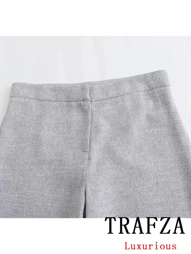 TRAFZA-traje de oficina para mujer, Blazer de un solo pecho con cuello de pico, Pantalones rectos sueltos, conjunto de moda, color gris, 2024