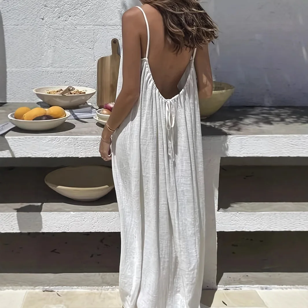 New Ladies Long Loose Home Clothes Dress Backless Strap Casual Style Casual Loose Waist Design Daily Wear Silk 