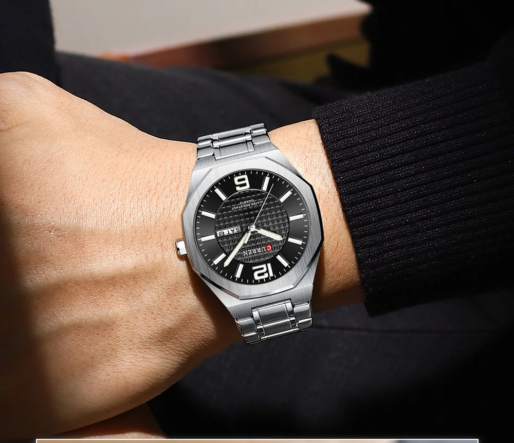 CURREN Herren-Businessuhr Quarz mit Tages- und Datumsanzeige, Edelstahlarmband, schlanke Armbanduhr für Männer, Leuchtzeiger – Detail 11