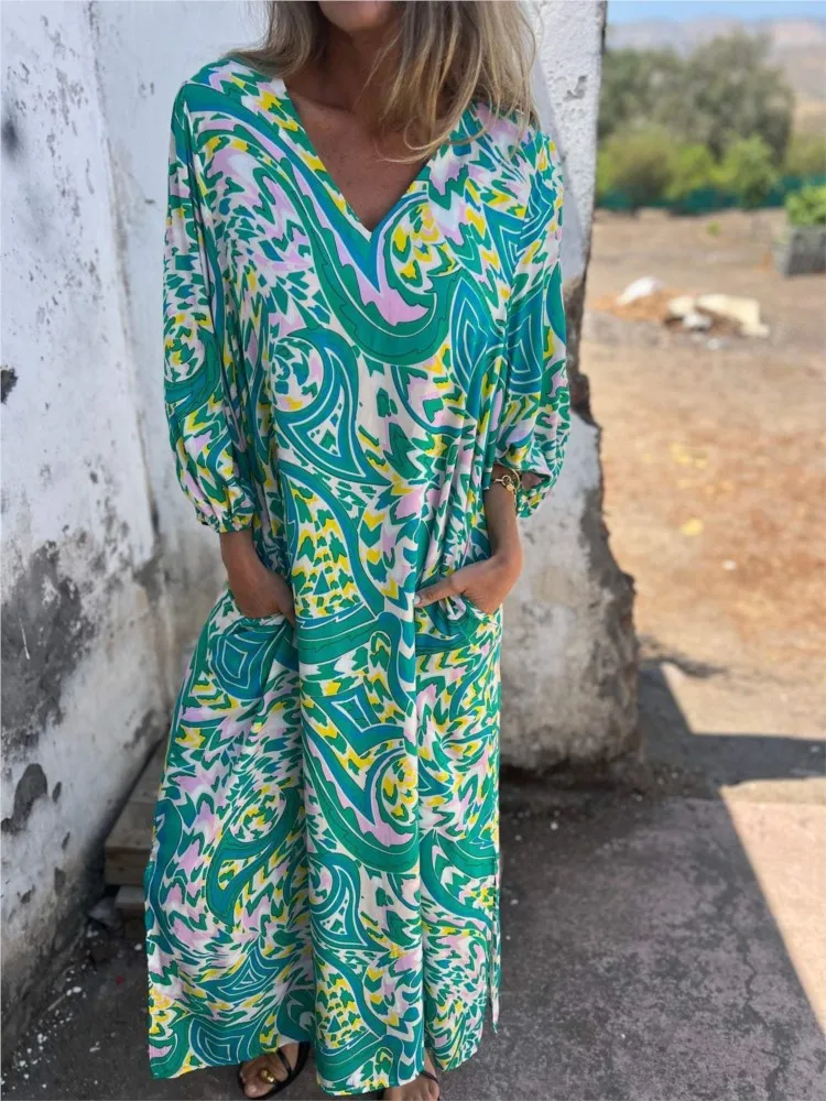 

New Women Casual Print Loose Long Dresses 2025 Spring Summer Elegant V Neck Pocket Maxi Dress Woman Fashion Holiday Party Dress