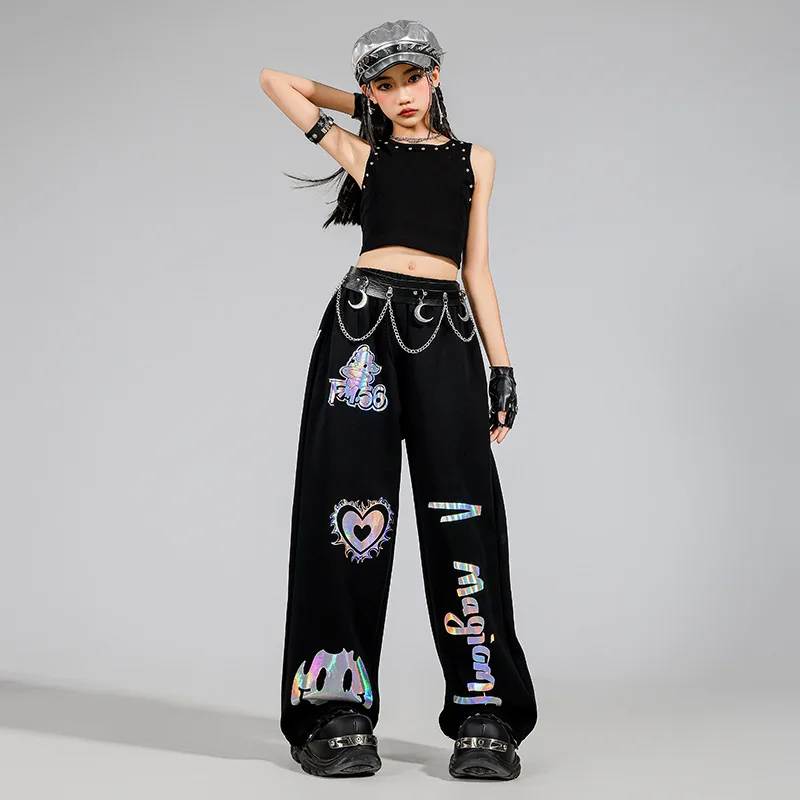 キッズK-POPヒップホップ服、ブラックリベットクロップタンクトップ、カジュアルワイド反射スウェットパンツ、女の子男の子ダンスウェアコスチューム服