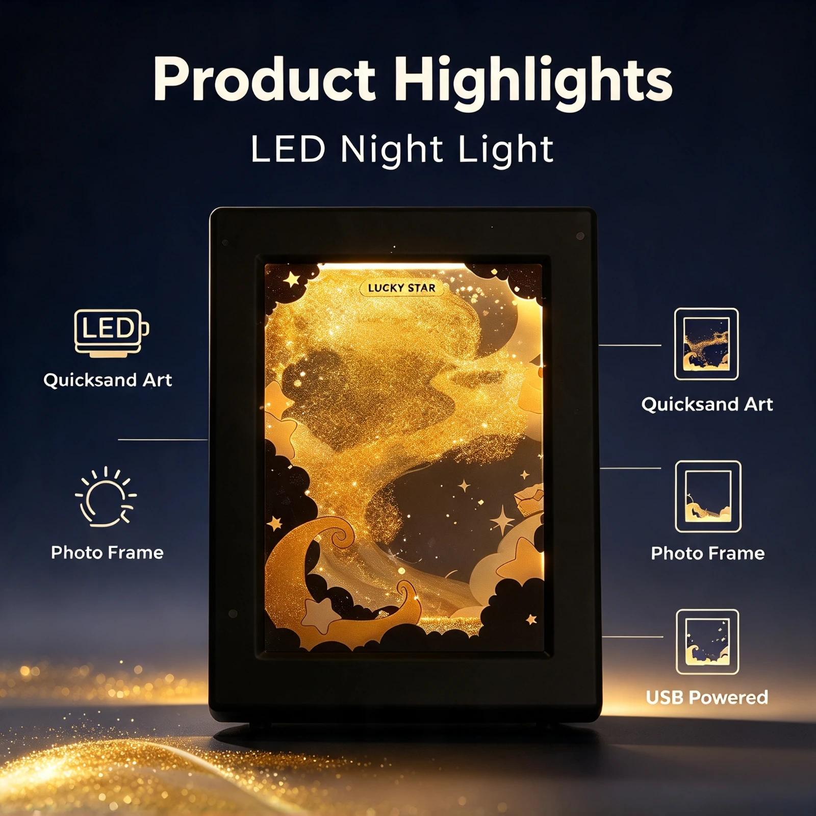 LED Quicksand Photo Frame Night, Light Magnetic Rotating Sand Art, Lamp Bedroom Table Decoration Romantic, Birthday Gift Home De