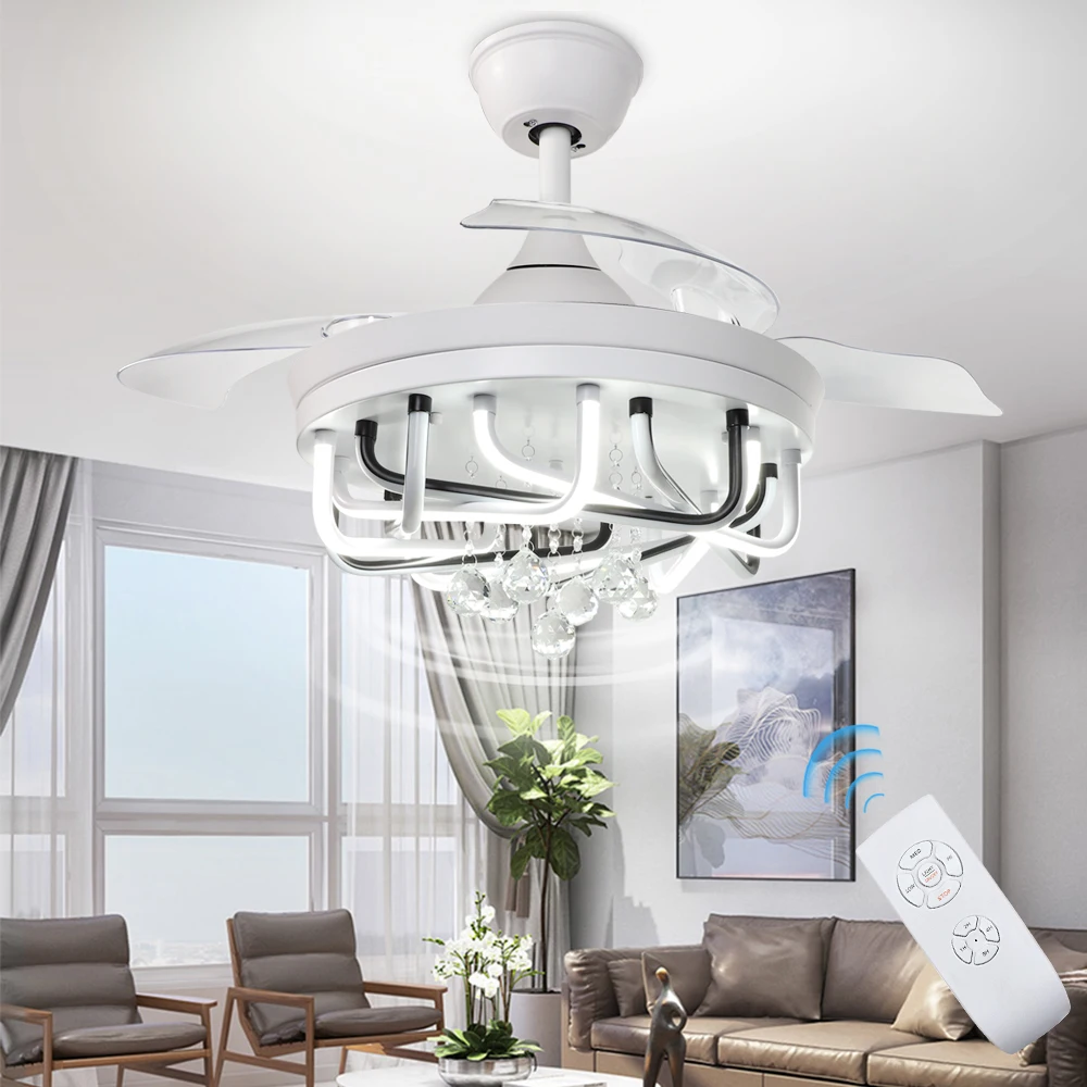 Depuley 42 Inch 3 Color Changeable LED Modern Chandelier Retractable Ceiling Fan Lights with Remote Control for Living Room