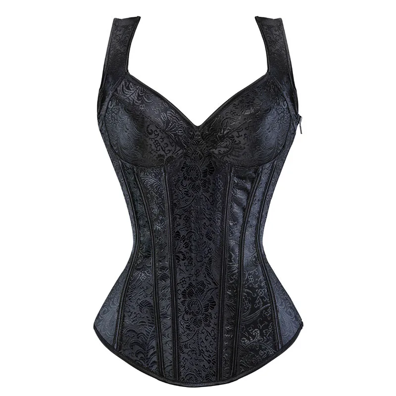 

Women Straps Black Overbust Corset Plus Size Floral Jacquard Corset Zipper Top Gothic Steampunk Corset Bustier
