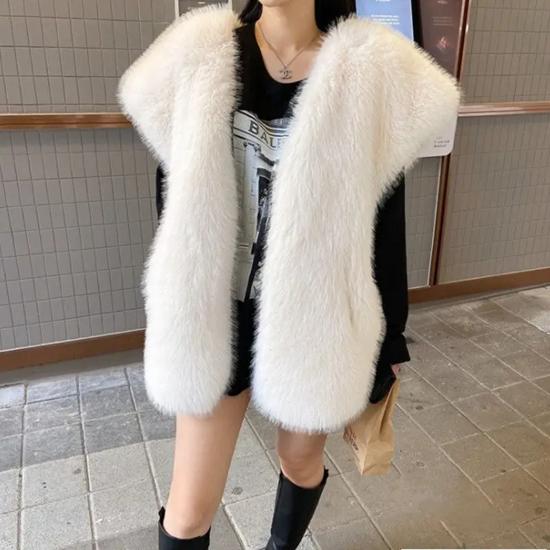 Chic Faux Mink Fur Vests Thickened Autumn Winter Imitation Fox Hair Waistcoat Mid Length Sleeveless Furry Tanks Cardigan Tops