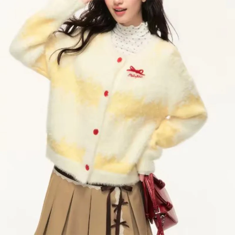 Gradient Striped Single Breasted Cardigan Woman Sweet Bow Loose All-Match Knitted Sweater Coat Autumn Chic Lazy Streetwear Tops