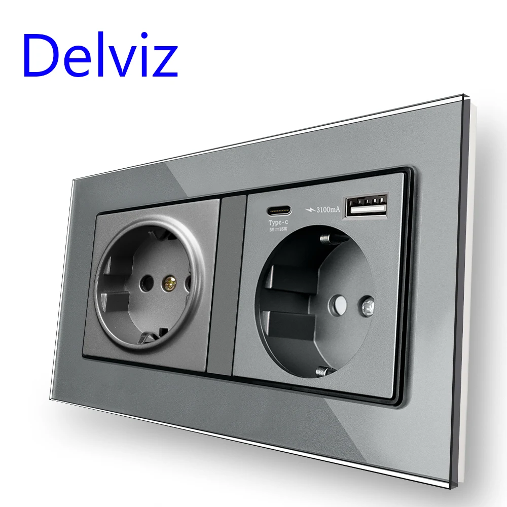 Podwójne gniazdko ścienne Delviz, 5 V 3100 mA z portem szybkiego ładowania USB, panel ze szkła hartowanego, standardowe gniazdo USB 18 W typu C UE