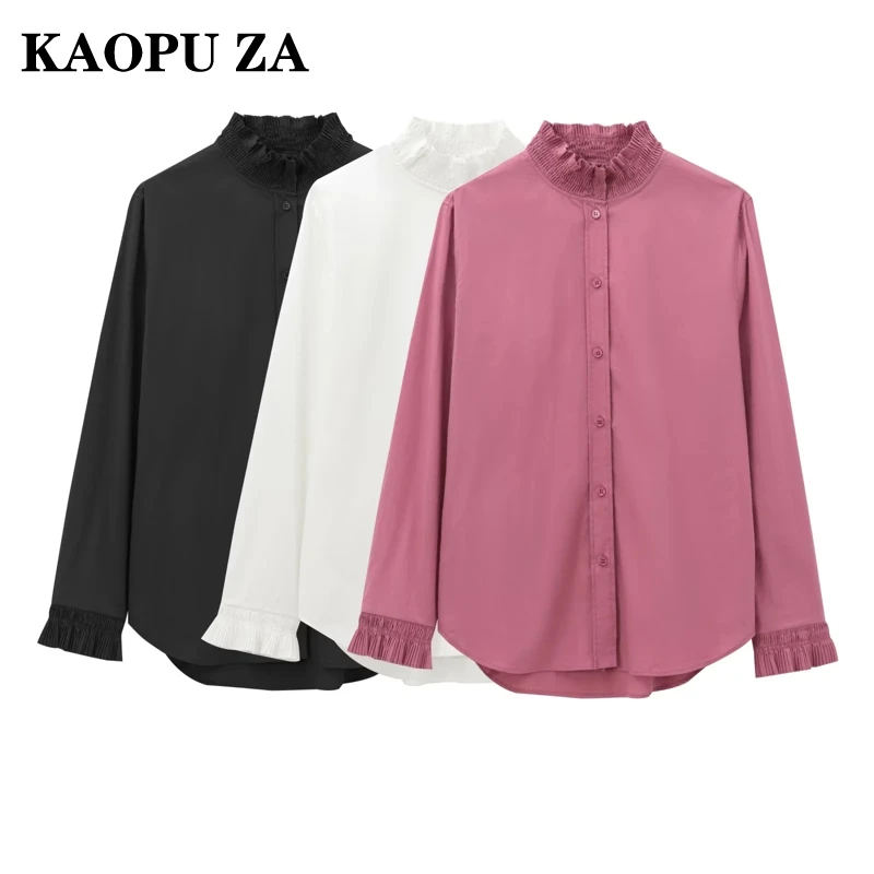 KAOPU ZA 2024 Autumn New Female Trendy Top Shirt Chic Woman's Solid Color Stand Collar Long Sleeve Outerwear Regular Fit Ruched