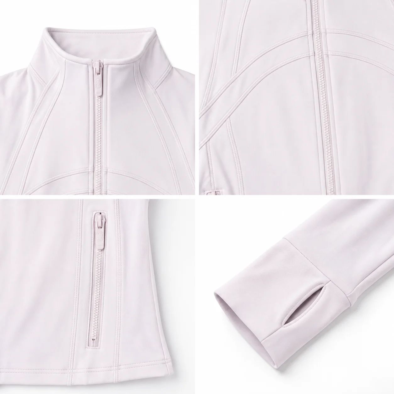 Women's Pale Pink Slim Fit Athletic Jacket Full Zip Stand Collar Thumbhole Sleeves Zipper Pockets for Yoga Running