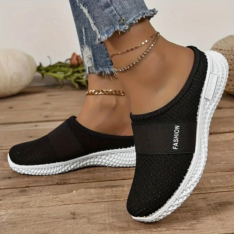 Women\'s Solid Color Mules, Soft Sole Platform Slip On Walking Shoes, Half Drag Breathable Shoes
