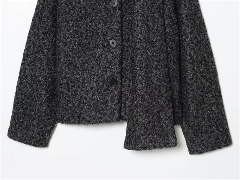 سترة نسائية 2025 خريف نمط جديد رمادي غامق كم طويل وشاح مزين معطف قصير بسيط الراقية الموضة #4