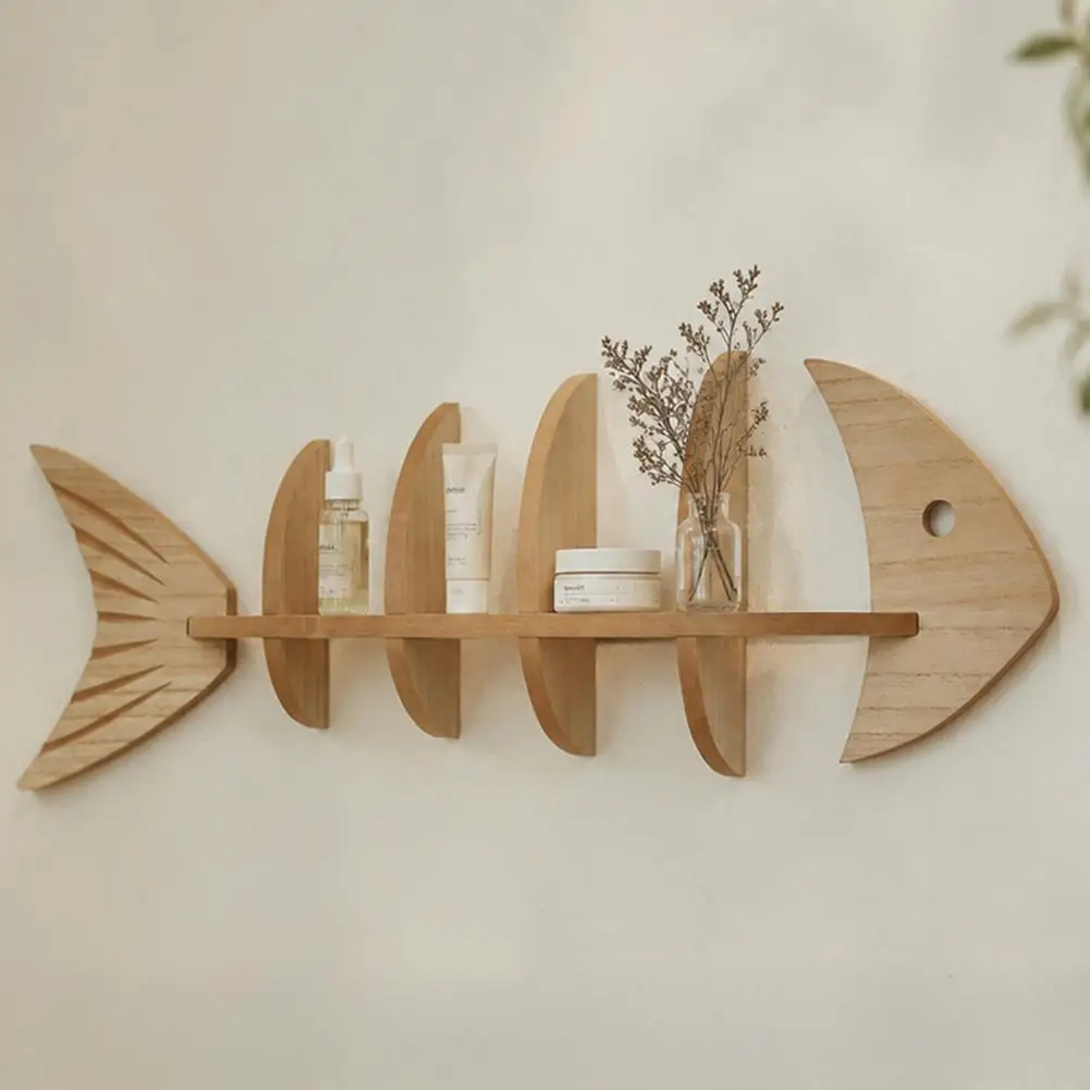 Fish Bone Storage Rack Wood Wall Mounted Floating Shelf Ocean Style Wall Art Display Shelf for Bedroom Bathroom And Living Room