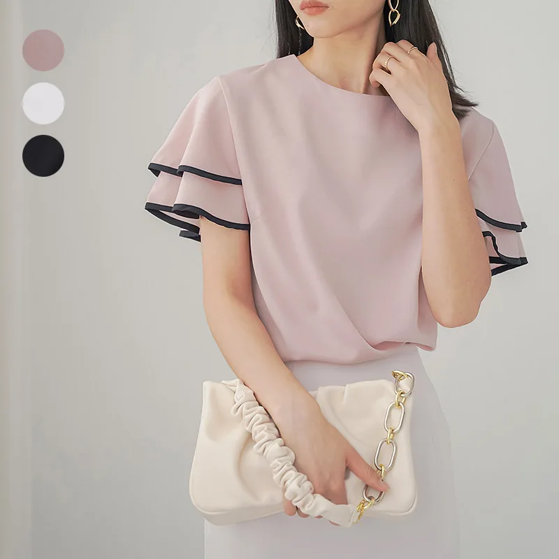 Nuevo producto de Lotte, blusa de gasa con mangas de hoja de loto en 3 colores para mujer, camisa holgada de estilo minimalista fresco y elegante para mujer