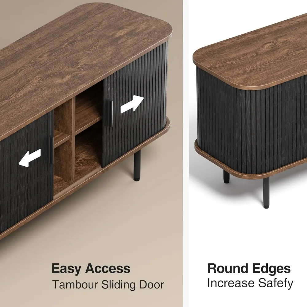 حامل تلفزيون أسود كبير بعرض 47 بوصة مع مساحة تخزين ووحدة تحكم وسائط وباب منزلق وتصميم خزانة مخدد لغرفة المعيشة الحديثة