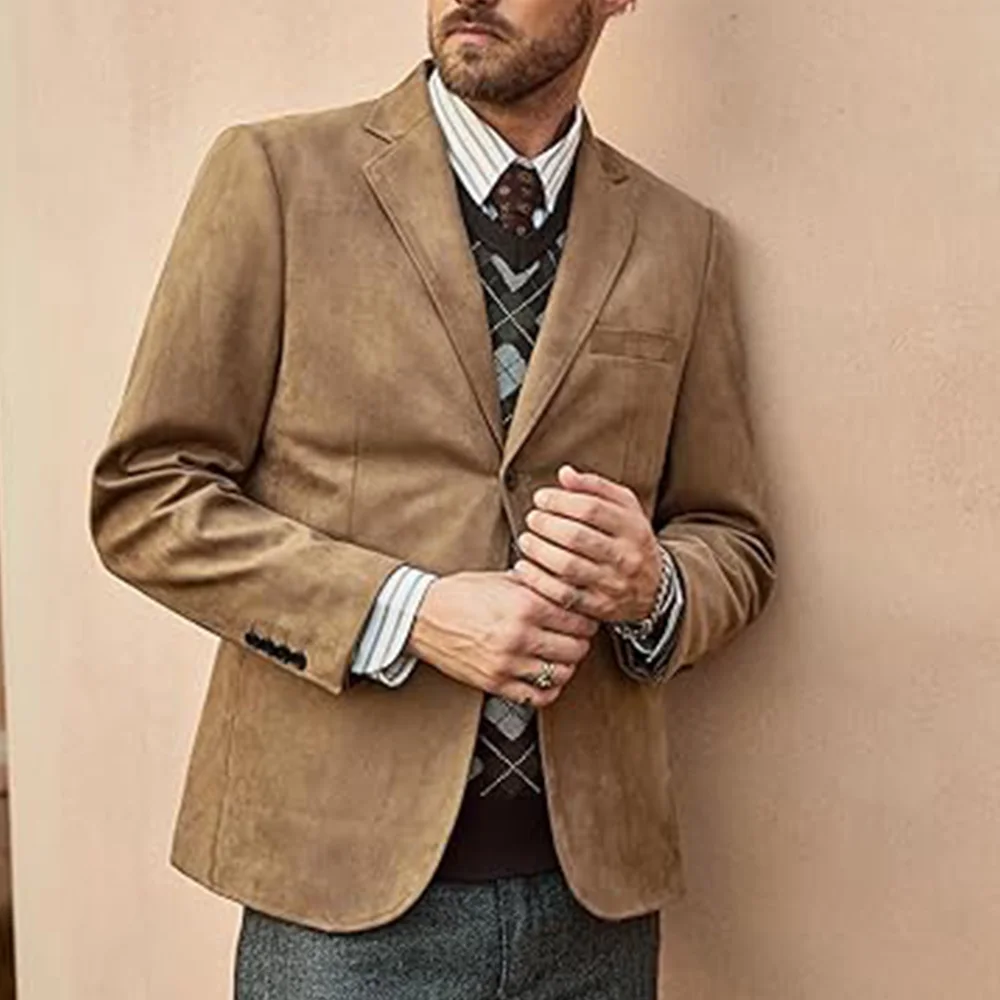

Men Faux Suede Blazer Single Breasted Light Brown Slim Fit Casual Elegant Jacket Business Office Formal Suit Coat Mens Fashion C