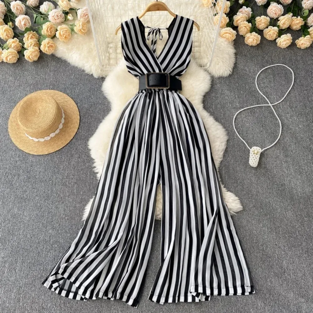 

Chic Vintage v Neck sleeveless chiffon Striped Jumpsuit Elegant High Waist Casual Beach Wide Leg Pants Summer Women